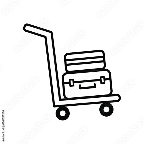Black and white outline icon representing luggage cart with baggage for travel