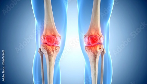 Front view of human knees, skeletal structure glowing blue, patella highlighted in red, medical illustration showing joint inflammation, pain visualization, musculoskeletal anatomy, clinical diagnosti