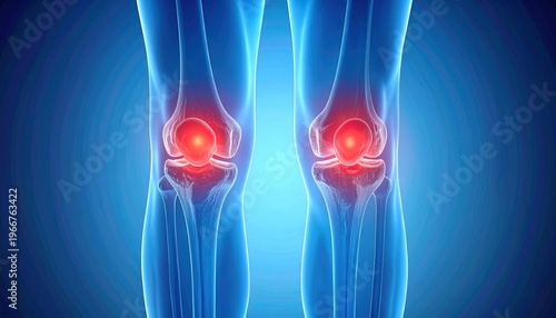 Front view of human knees, skeletal structure glowing blue, patella highlighted in red, medical illustration showing joint inflammation, pain visualization, musculoskeletal anatomy, clinical diagnosti