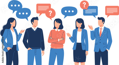 Business team conversation with speech bubbles diverse people discussing ideas communication concept flat vector illustration isolated on white background