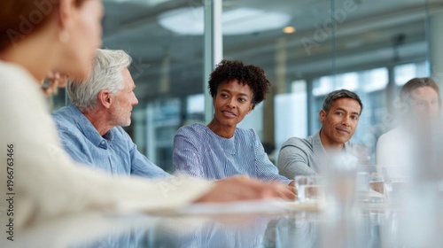 Group of people sitting around a conference table in a meeting room. there are four people in the image, three men and two women, all of whom appear to be engaged in a discussion.