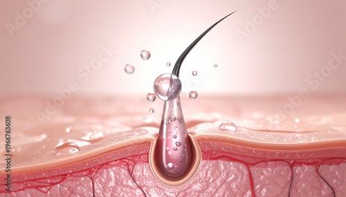 Detailed cross-section of human skin layers, single hair follicle emerging, hydrated surface with water droplets, smooth epidermis and dermis, scientific dermatology illustration emphasizing structure