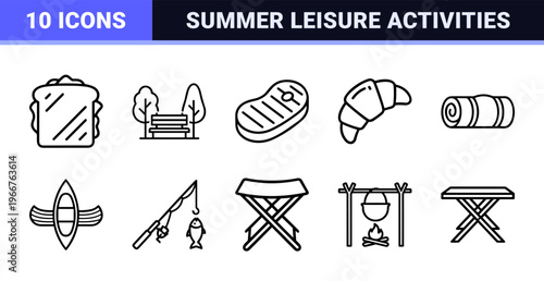 Outdoor Recreation and Camping Adventure Linear Symbols, Minimalist Geometric Outline Graphics for Summer Vacation and Hiking Leisure.
