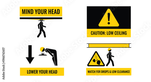 Warning signs illustrating potential head impact from low ceilings and obstacles