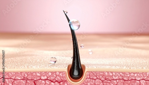 Detailed cross-section of human skin layers, single hair follicle emerging, hydrated surface with water droplets, smooth epidermis and dermis, scientific dermatology illustration emphasizing structure