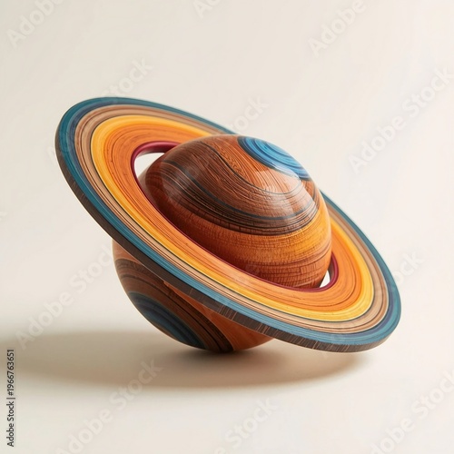 Stylized 3D Saturn Model with Colorful Striped Layers and Rings