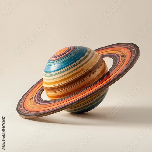 Stylized 3D Saturn Model with Colorful Striped Layers and Rings