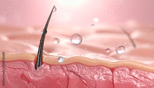Detailed cross-section of human skin layers, single hair follicle emerging, hydrated surface with water droplets, smooth epidermis and dermis, scientific dermatology illustration emphasizing structure