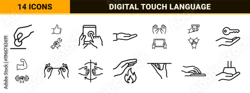 Human Hand Gestures and Interactive Touch Interface Line Art, Minimalist Monoline Geometric Outline Symbols for Professional UX UI Design.