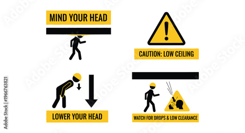 Warning signs illustrating potential head impact from low ceilings and obstacles