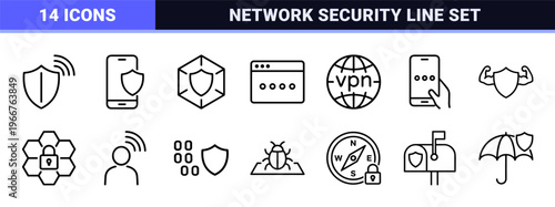 Cyber Security and VPN Encryption Minimalist Monoline Icon Set Featuring Geometric Line Art for Data Protection and Network Privacy