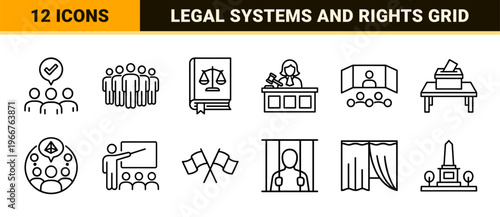 Government and Civic Engagement Minimalist Monoline Icon Set featuring Geometric Line Art for Policy, Law, and Public Voting Systems.