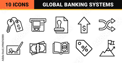 Financial Loan and Mortgage Line Art Set, Minimalist Monoline Icons for Credit, Debt Management, and Banking Services Utility.