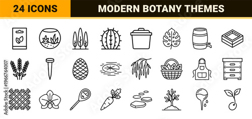 Botanical and Horticultural Monoline Line Art Set Featuring Minimalist Plant Growth, Gardening Tools, and Floral Biological Symbols