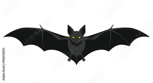 Angry black bat with glowing yellow eyes and outstretched spooky wings