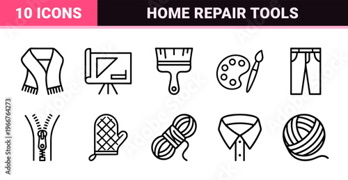 Home Improvement and Tailoring Equipment Outline Symbols Featuring Minimalist Hardware Tools and Apparel Design Elements in Monoline Style