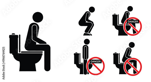 Stick figures demonstrate proper and improper toilet etiquette and usage
