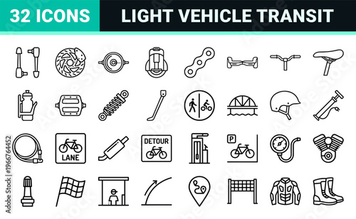 Urban Micro-Mobility and Motorcycle Maintenance Thin Line Art. Minimalist Geometric Outline Symbols for Modern Transportation Systems.