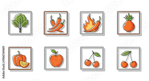 Various food and cooking stickers inside square frames featuring fresh produce like apples peppers and cherries.