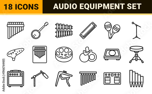 Musical Instruments and Audio Equipment Minimalist Monoline Outline Symbols; Geometric Line Art for Orchestral and Studio Production.