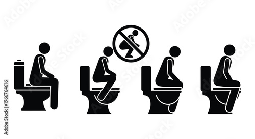 Stick figures demonstrate proper and improper toilet etiquette and usage