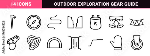Mountain Expedition and Alpine Climbing Minimalist Geometric Line Art Outline Symbols for Outdoor Adventure Navigation and Trekking Apps
