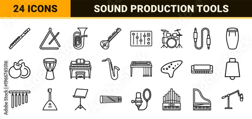 Musical Instrument Line Art Collection featuring Minimalist Monoline Aesthetic for Professional Audio Design and Orchestral Graphics