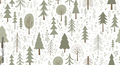 Charming forest pattern with various types of trees and delicate plants in a soft olive green and cream palette.