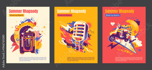 Abstract retro summer poster set with bold colors, dynamic shapes, and energetic visuals. Vector illustration.