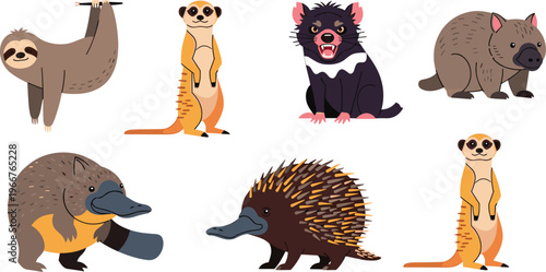 Australian Wildlife Animal Icon Set with Sloth Meerkat Tasmanian Devil Wombat Platypus Echidna and Native Fauna Characters for Nature Illustration Design