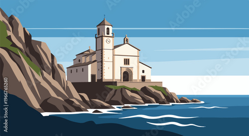 A charming coastal church stands atop rocky cliffs overlooking blue ocean waves