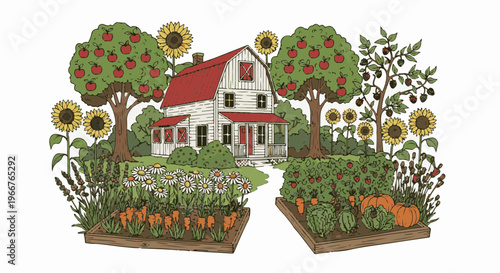 A charming farm scene with a white house, red roof, apple trees, sunflowers, and vegetable gardens