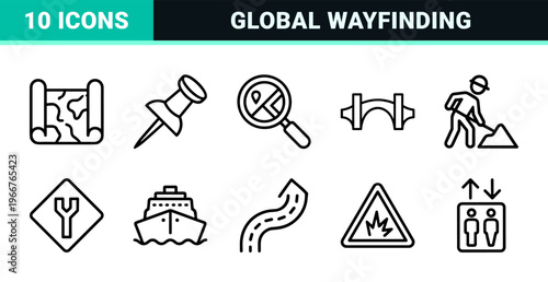 Minimalist Monoline Navigation and Mapping Line Art featuring Geometric Wayfinding Symbols for Professional Digital Interface Design