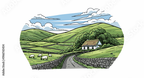 A charming rural scene with rolling green hills, a stone cottage, and sheep grazing