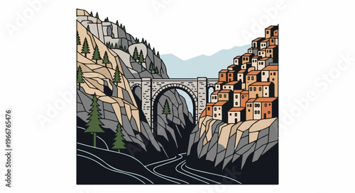 A charming stone bridge spans a gorge, with a village clinging to the cliffs