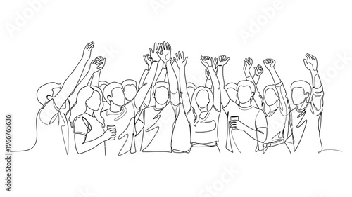 Continuous line drawing of people celebrating.