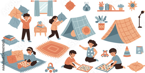 Kids Indoor Playtime Illustration with Blanket Fort, Board Games, Pillows, Toys and Cozy Home Activities for Childhood Fun, Family Time and Creative Play Design