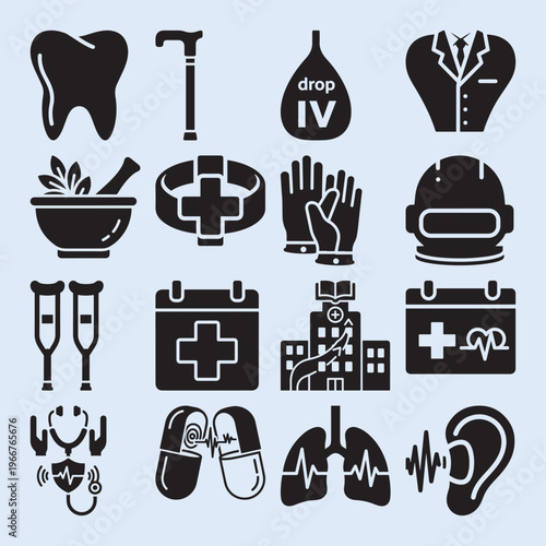 Therapeutic care and hospital facility iconographic elements.