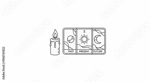 A burning candle beside three tarot cards depicting past, present, and future