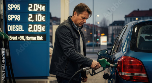 Frustrated man fills his car at a gas station with high fuel prices, reflecting oil market tension