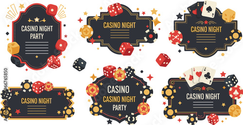 Casino Night Party Badge Collection with Poker Cards, Dice, Chips and Luxury Labels for Gambling Events, Entertainment Design and Premium Invitation Templates