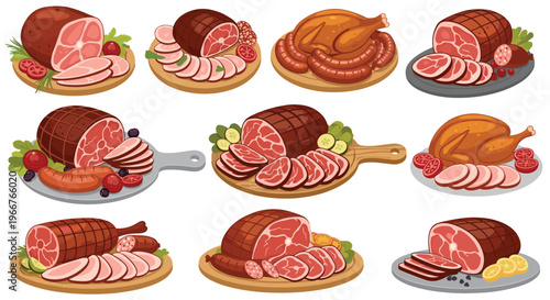 various platters of roasted meat including whole ham turkey and sausages served with garnishes on wooden and slate boards.