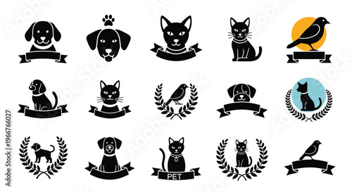 set of black and white pet logo templates featuring silhouettes of dogs cats and birds with ribbons and laurel wreaths on white.
