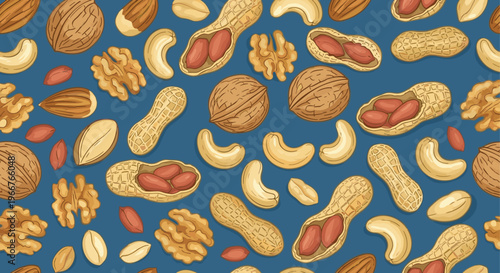 Seamless pattern of mixed nuts including walnuts, peanuts, cashews, and almonds scattered on a dark blue background for fabric print.