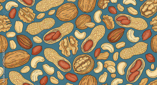 Detailed seamless pattern of assorted nuts including peanuts, walnuts, cashews, and almonds on a dark blue background.