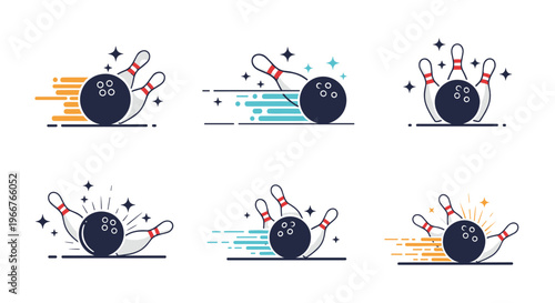 Set of six dynamic bowling action icons showing a ball hitting pins with colorful speed lines and star shapes.