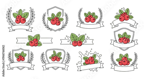 collection of cranberry fruit emblems and labels featuring red berries with green leaves in shields wreaths and ribbon banners.