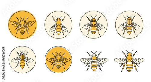 set of honey bee icons and logos in different styles including circular emblems and detailed line art on yellow and white backgrounds.