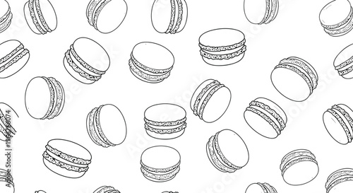 black and white line drawing pattern of various French macarons scattered across a plain background in a seamless repetitive style.