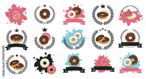 variety of donut logo designs and emblems featuring chocolate and strawberry glazed pastries with ribbons wreaths and splashes of color.